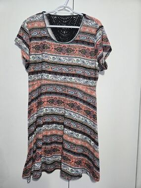 Bobbie Brooks Boho Paisley Swing Dress XL Coral Blue Crochet Neck Short Sleeve